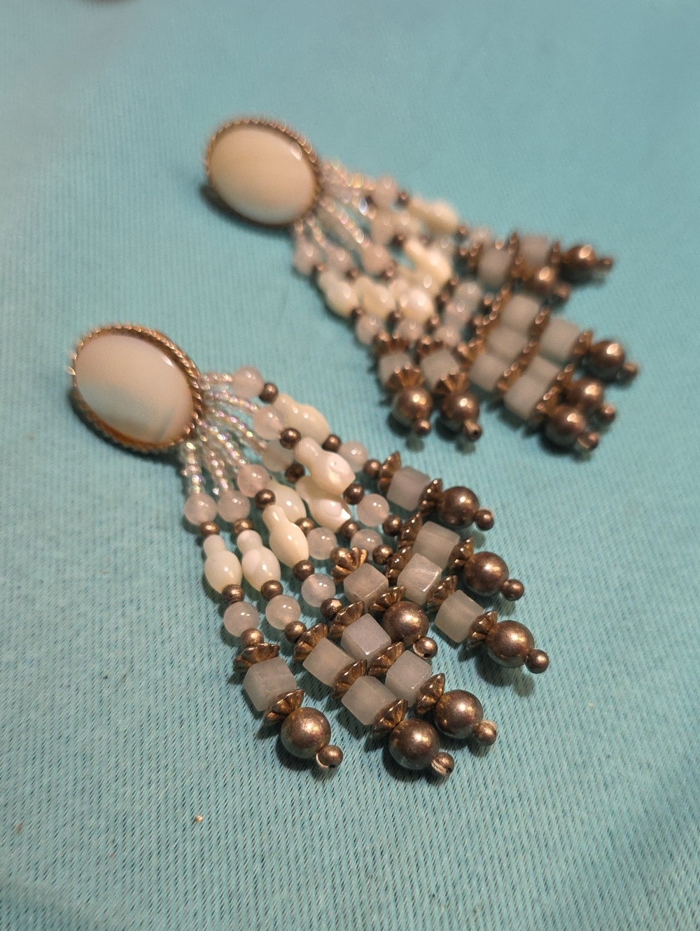 Mother Of Pearl clip On  Beaded Chandelier Earrings